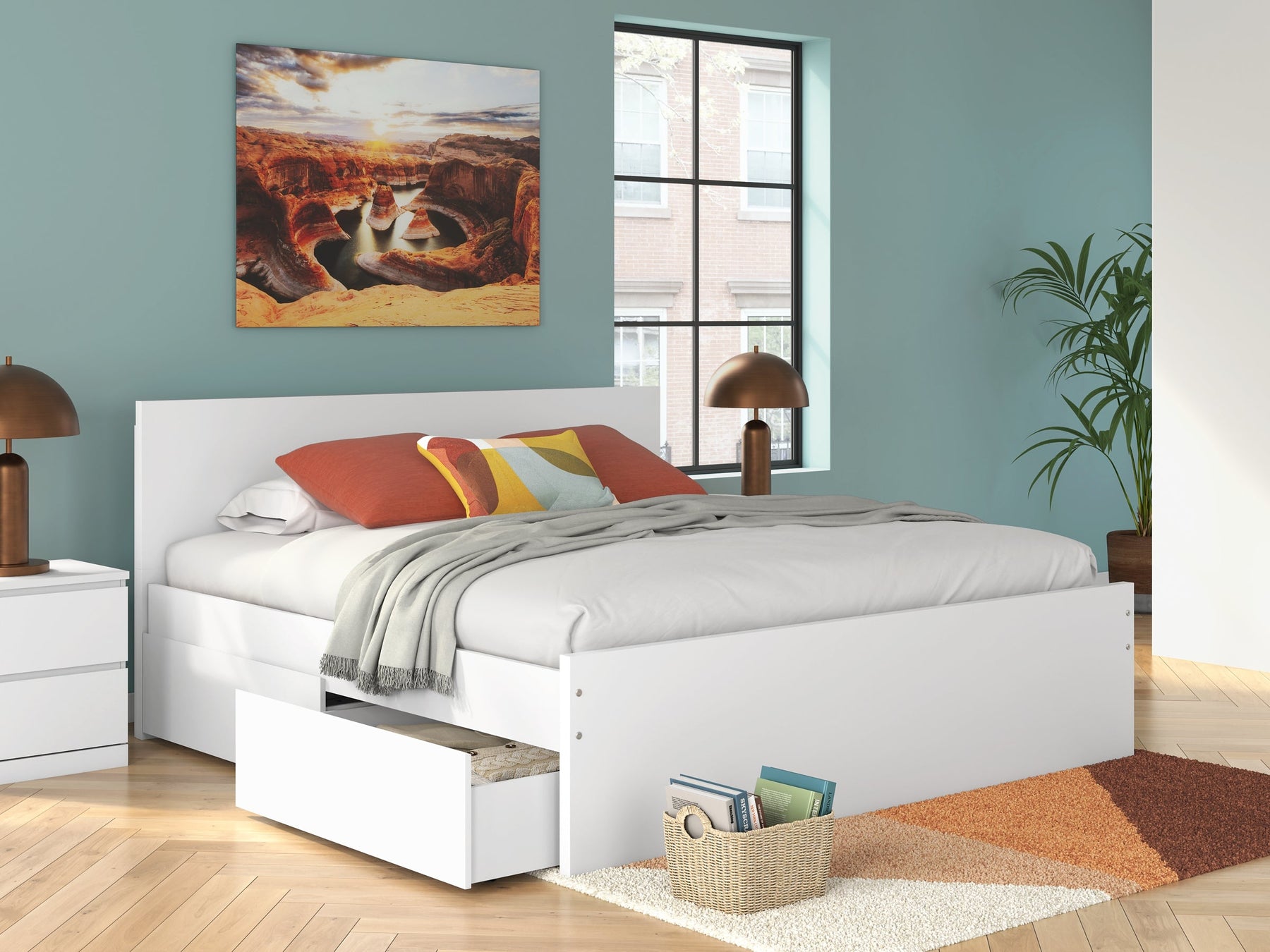 Platform bed with built-in storage drawers underneath, perfect for small bedrooms and space-saving solutions