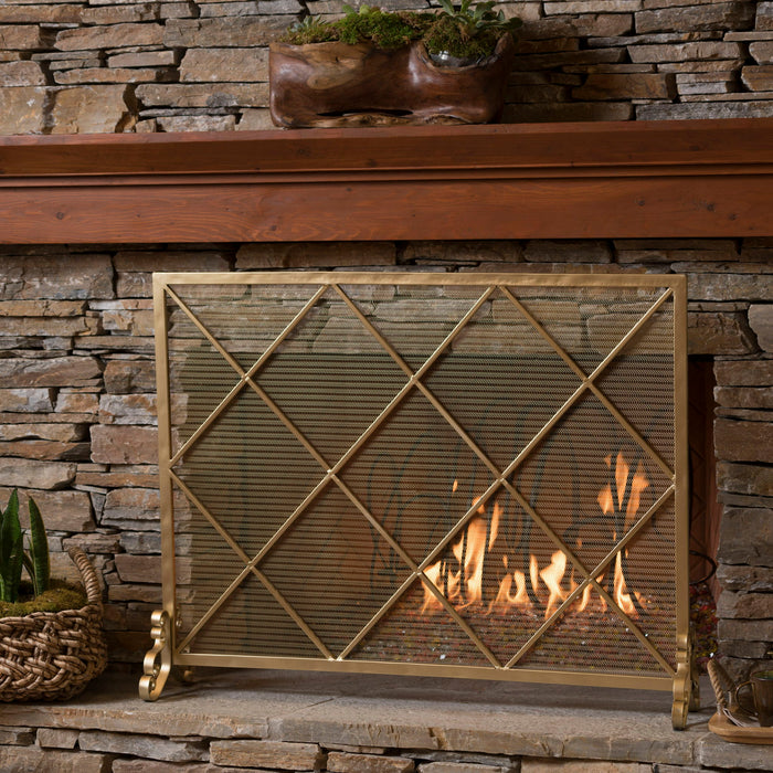 Minimalist Single Panel Iron Fireplace Screen With Diamond Design
