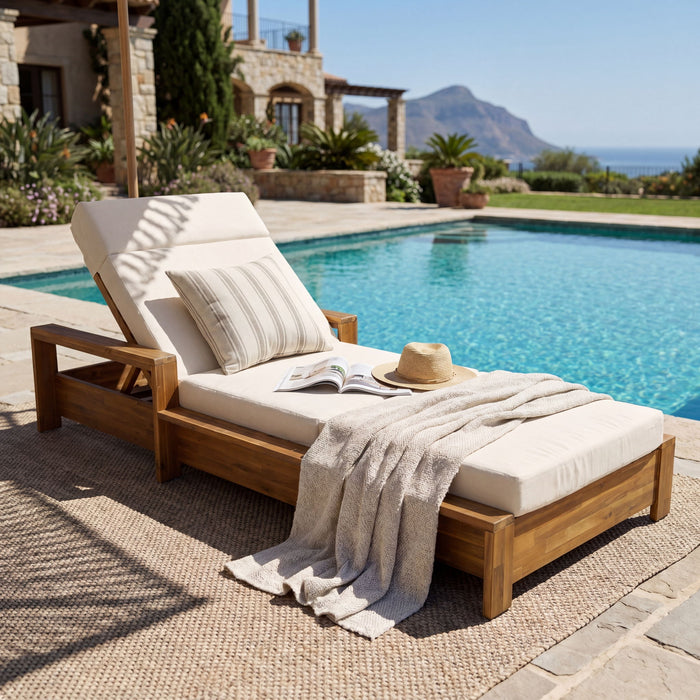 Chaise Lounge Set With 4 Fold Cushion And Built In Headrest, 3 Position Adjustable, For Patio Pool - Cream / Teak