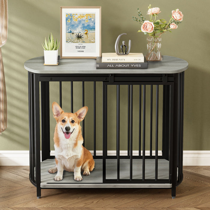 Furniture Style Dog Crate For Small And Medium Dogs, Wooden Cage Indoor Kennel Furniture, Modern Dog Crate End Table With Double Doors - Gray