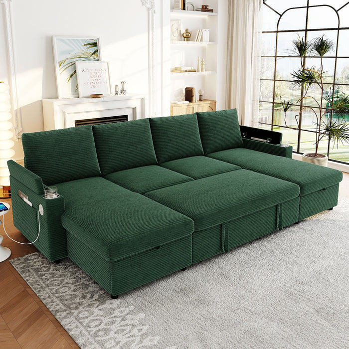U Shaped Sectional Sofa Bed With Storage Chaise Lounges, USB Ports, And Cup Holders