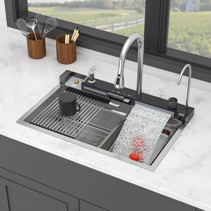 Kitchen Waterfall Sink Single Bowl With LED Faucet, Ledge Workstation, And Multi Function Pull Out Spray - Brushed Nickel