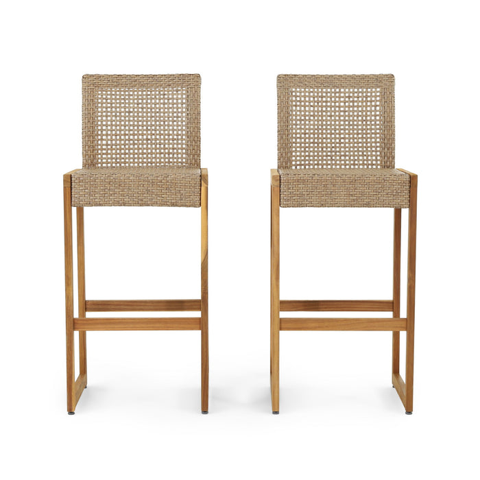 Outdoor Barstool With Rattan Wicker Top (Set of 2) - Brown