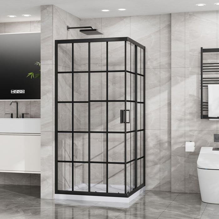 Corner Shower Enclosure Double Sliding Door & Shower Base - Matte Black