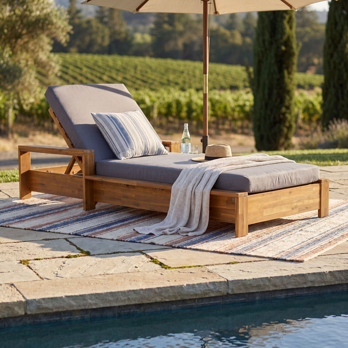 Chaise Lounge With Armrests, 2 Fold Cushion Set, 3 Position Adjustable Backrest, For Patio Pool - Dark Gray / Teak