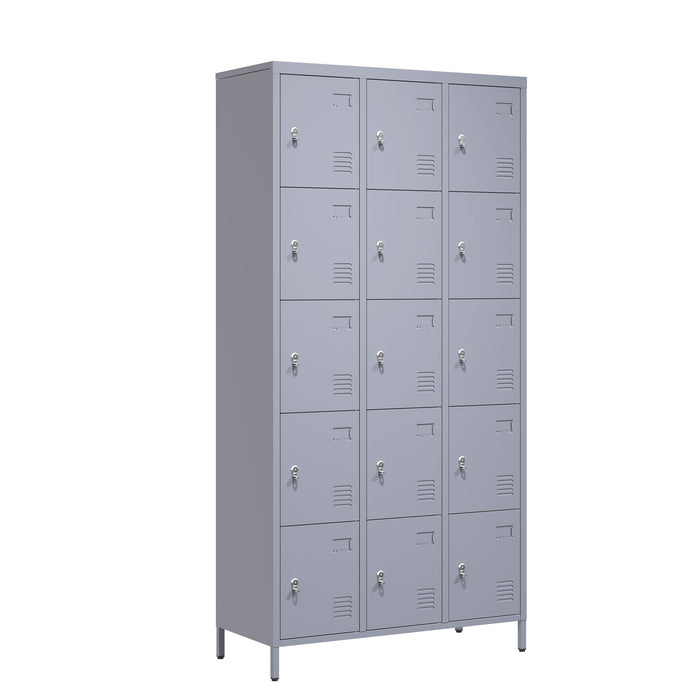 15 Door Lockers With Lock For Storage In Home, Gym, Office, And School - Gray
