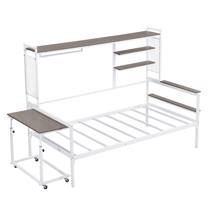 Daybed With Movable Desk, Grid, Shelves And Clothes Hanger