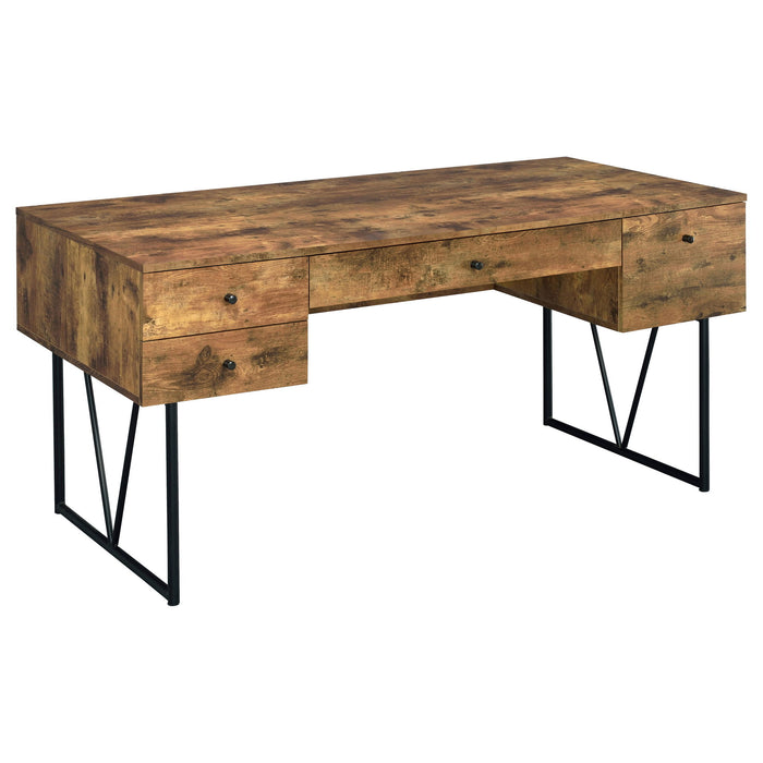 Rustic Industrial Charm Writing Desk With 4 Drawers And Open Shelf