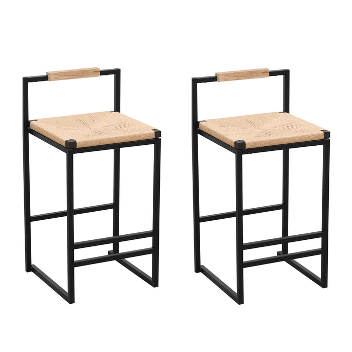 Stylish (Set of 2) Bar Stools With Backrest And Paper Rope Woven Seat, Counter Height Dining Chairs For Kitchen - Natural