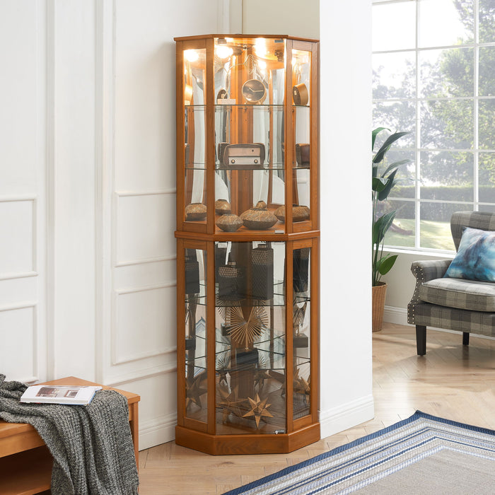 6 Shelf Corner Curio Display Cabinet With Lights, Mirrors And Adjustable Shelves (E26 Light Bulb Not Included) - Oak