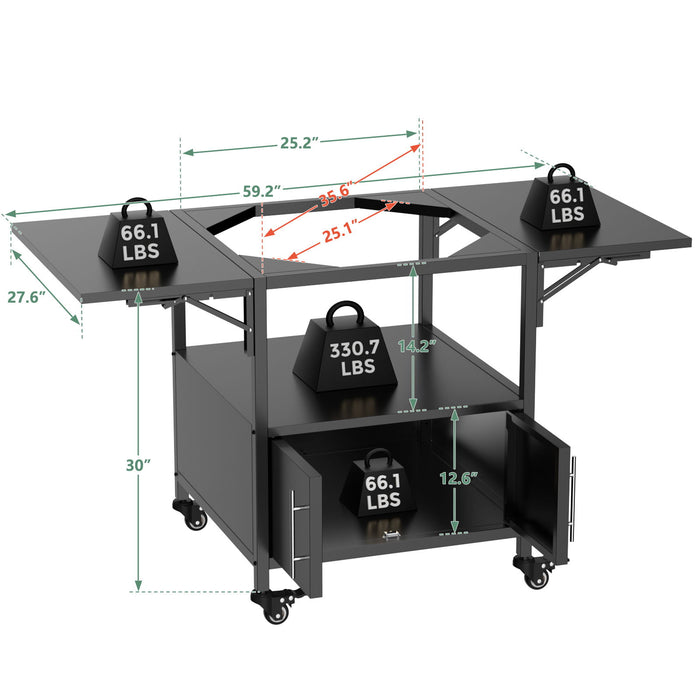Outdoor Grill Table For Big Egg Style Bbq Metal Grill Cart With 2 Folding Panels Metal - Black