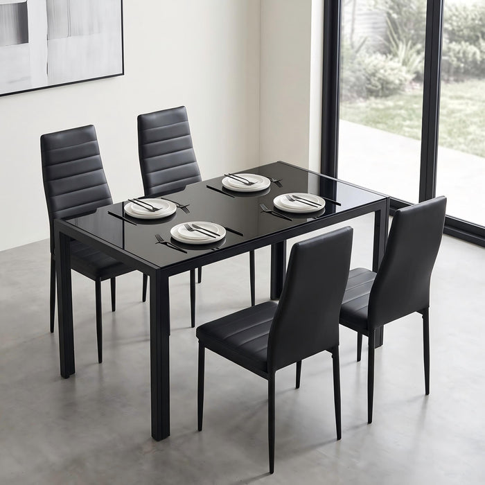 5 Pieces Dining Table Set For 4, Kitchen Room Tempered Glass Dining Table, 4 Faux Leather Chairs - Black