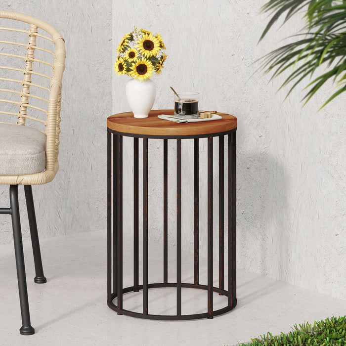 Outdoor Cylindrical Side Table With Round Solid Wood Top And Metal Frame - Natural