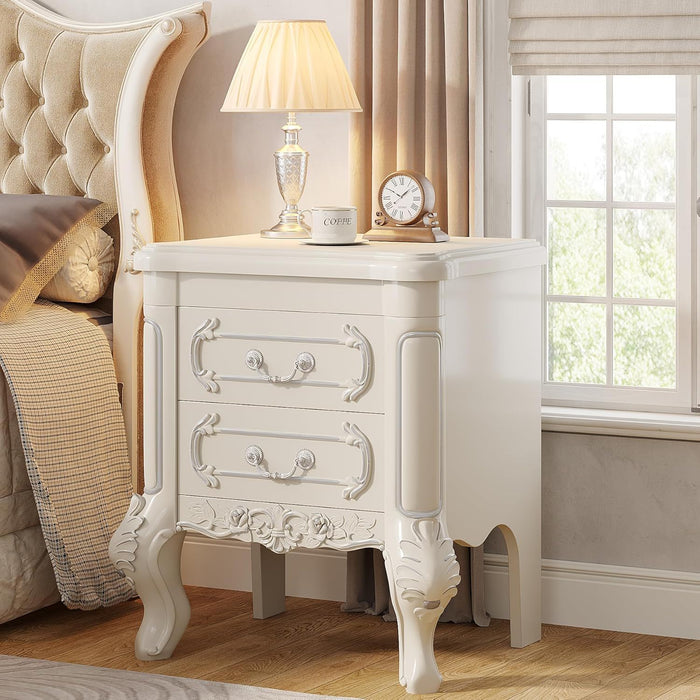 Carved Nightstand With 2 Drawers, Bedside Table - White
