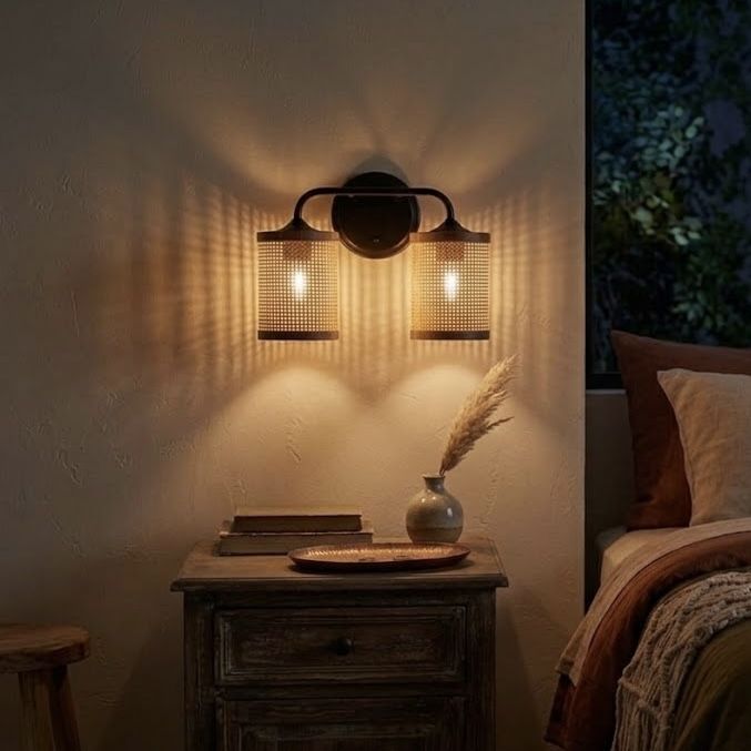 Quell - Double Light Vanity With Natural Shade Wall Lamp - Black / Rattan