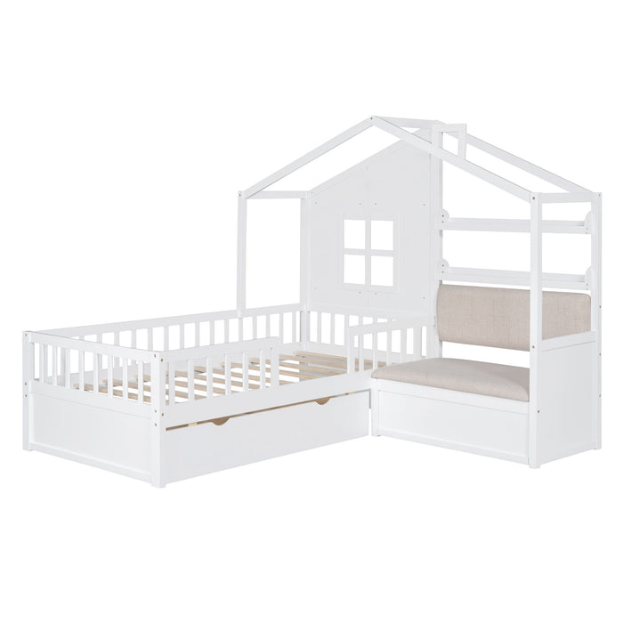 House Bed With Sofa, Kids Platform Bed With 2 Drawers And Storage Shelf
