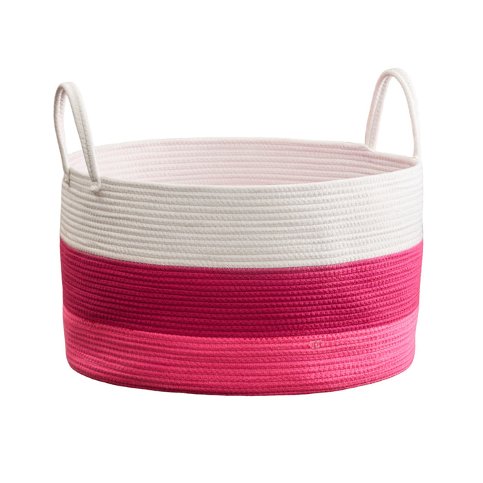 Cotton Round Laundry And Storage Basket With Handles - Pink / White