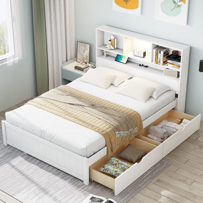 Platform Bed With Bookcase Headboard, Built-In Downlight, Charging Station, And 2 Side Drawers