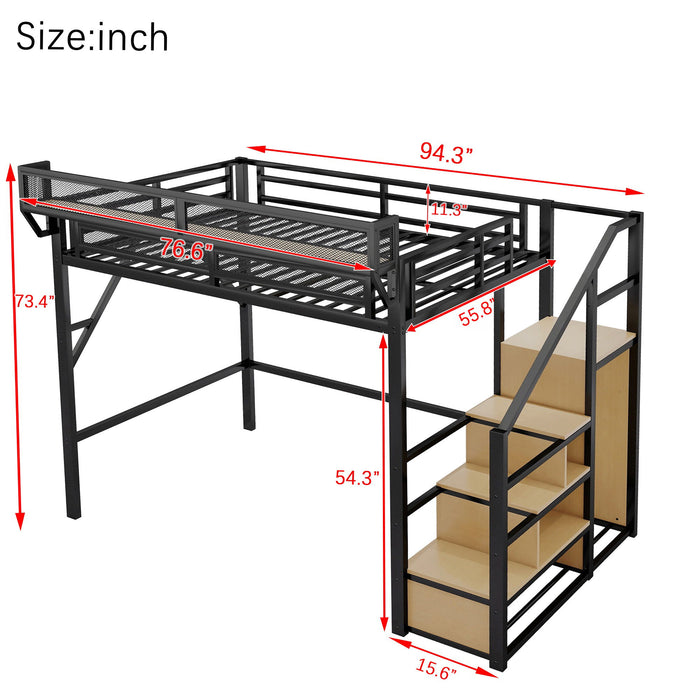 Full Size Loft Bed With Stairs With Storage Shelves With Wardrobe - Black