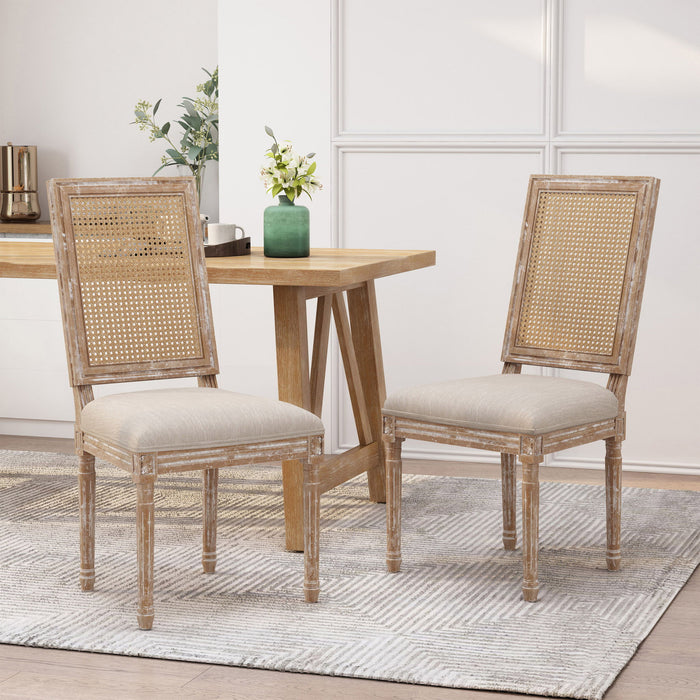 French Country Dining Chair With Rectangular Cane Backrest And Smooth Upholstered Seating