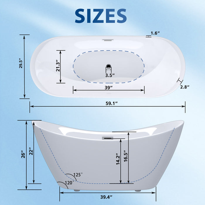 Freestanding Tub With Overflow And Pop Up Drain, Ergonomic Design