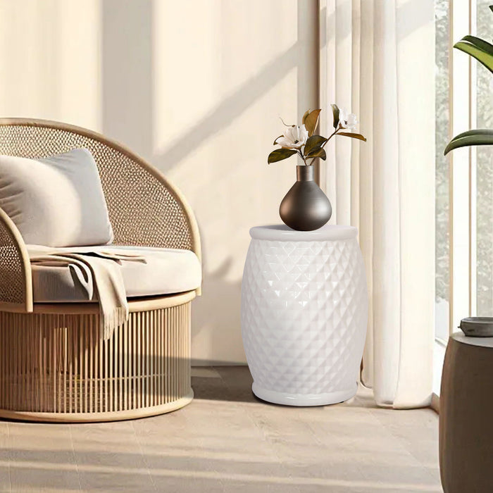 Glazed Ceramic Drum Stool Indoor / Outdoor Side Table Ceramic - White