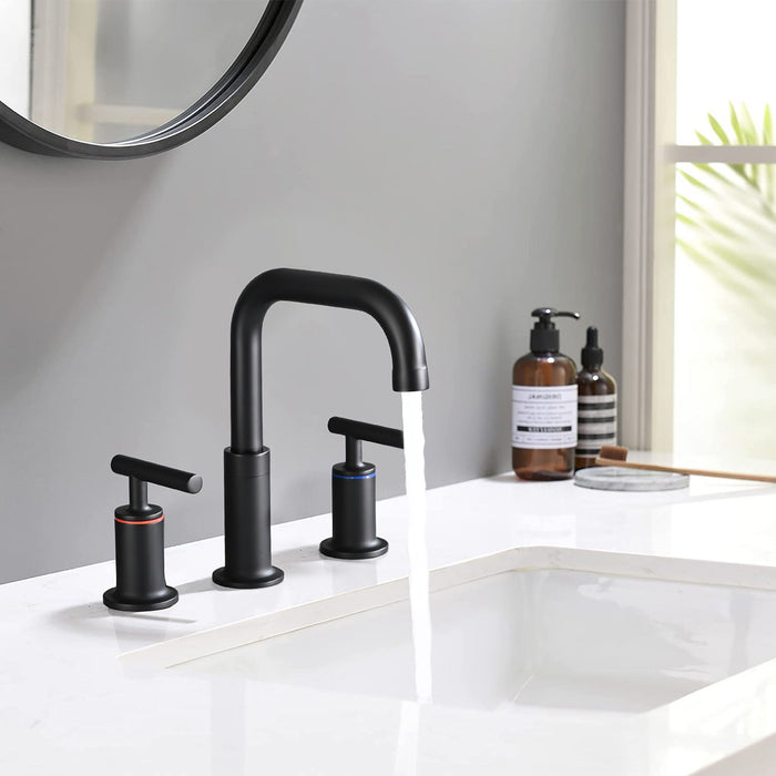Widespread Bathroom Sink Faucet With Pop Up Drain And Brass Construction - Matte Black