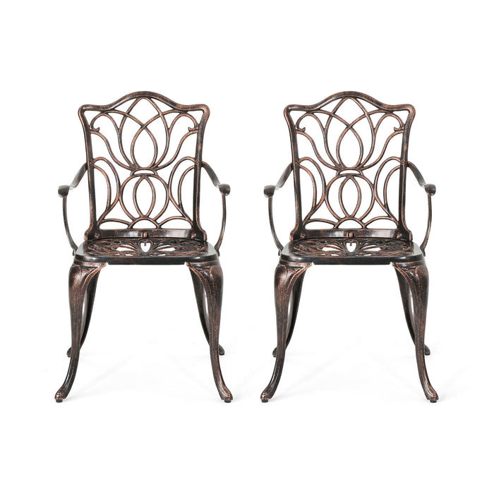 Outdoor Dining Chair With Floral Design And Curved Saber Legs (Set of 2) - Copper