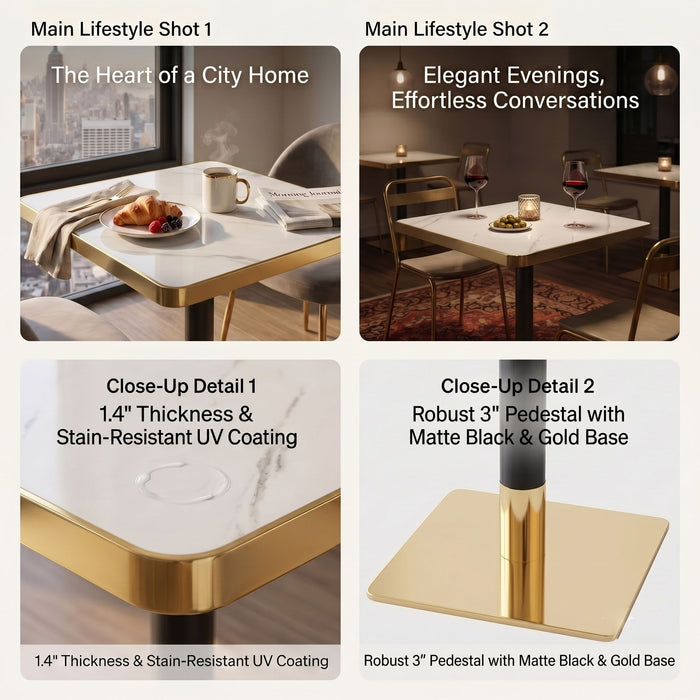 Square Dining Table & Pedestal For Kitchen - Black / Gold / White