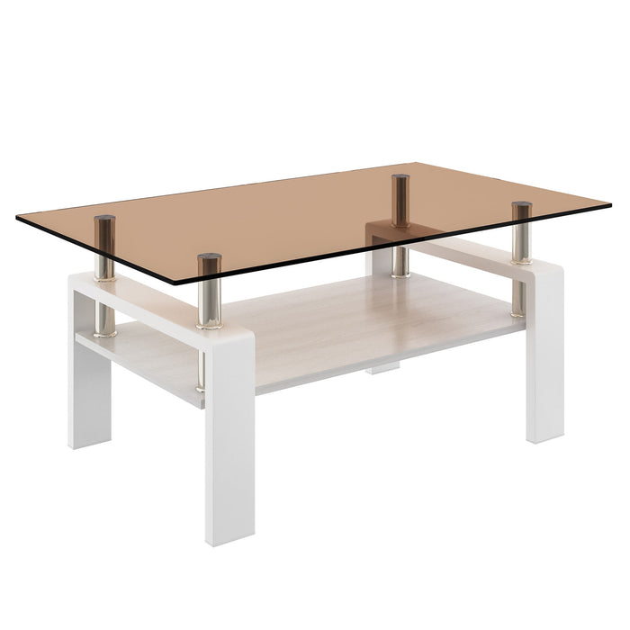 Modern Rectangular Coffee Table With Tempered Transparent Glass Top And Storage Shelf