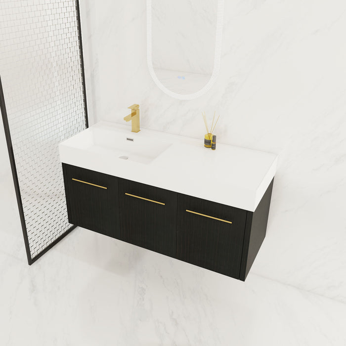 Contemporary 48" Wall Mounted Bathroom Vanity With Resin Sink And Soft Closing Doors And Line - Black Chestnut