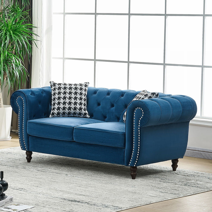 Chesterfield Velvet Fabric Sofa With Roll Armrest And Nailhead, Mid Century 2 Seater Couch In Blue