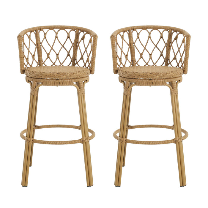 Bohemia - Outdoor Brown Wicker Bar Stool (Set of 2) With Metal Frame And Faux Rattan - Light Brown