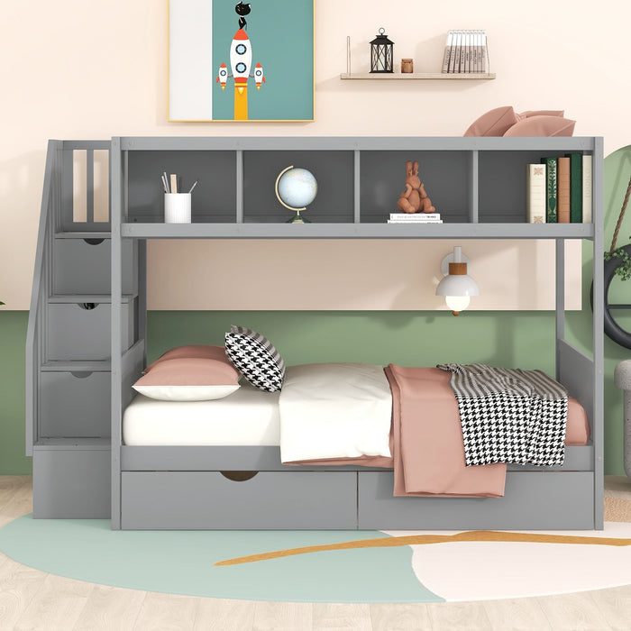 Bunk Bed With Shelfs, Storage Staircase And 2 Drawers