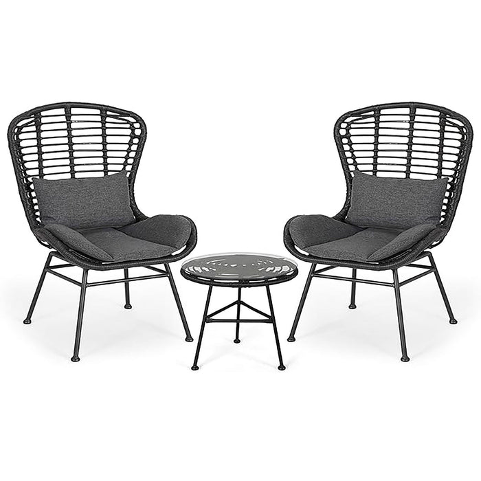 Cowan - Outdoor Wicker And Glass 3 Piece Chat Set With Cushions - Gray