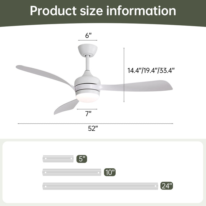 Ceiling Fan With 3 Blades, Remote Control, Reversible DC Motor, Noiseless Operation, 3 Downrods