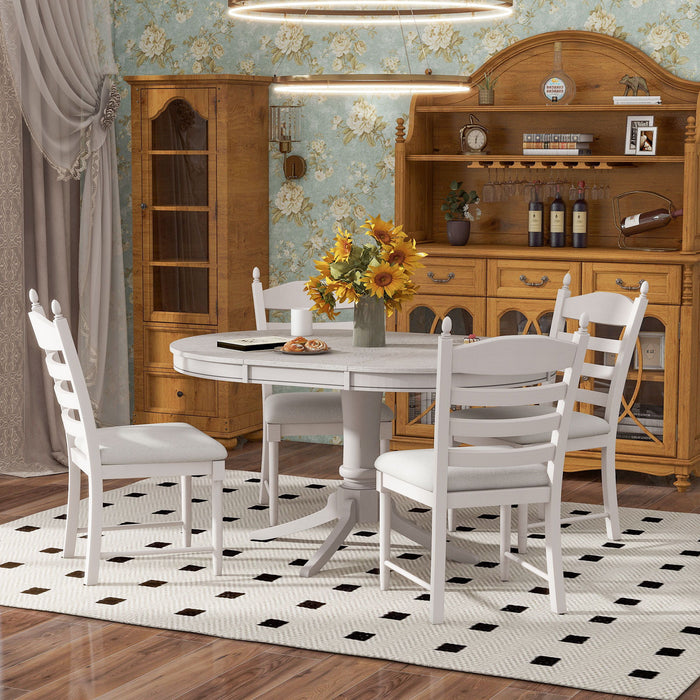 5 Piece Retro Functional Dining Table Set With Extendable Round Table And Upholstered Chairs