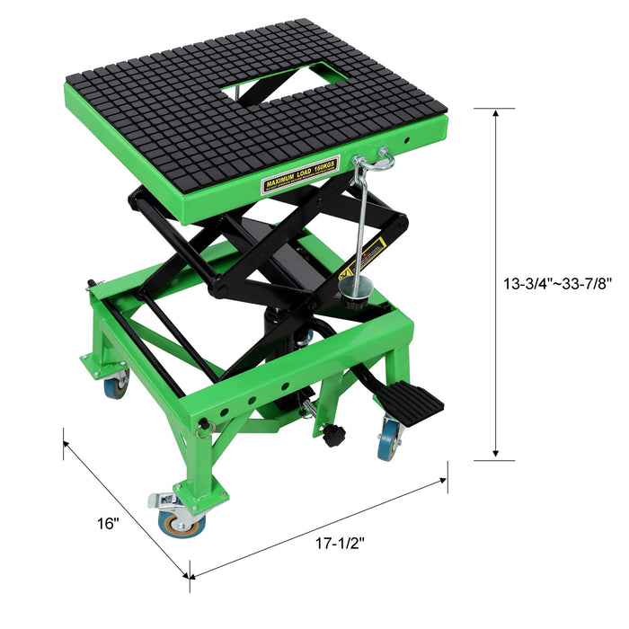 Hydraulic Motorcycle Scissor Jack Lift With Foot Step And Wheels For Dirt Bikes - Black / Green