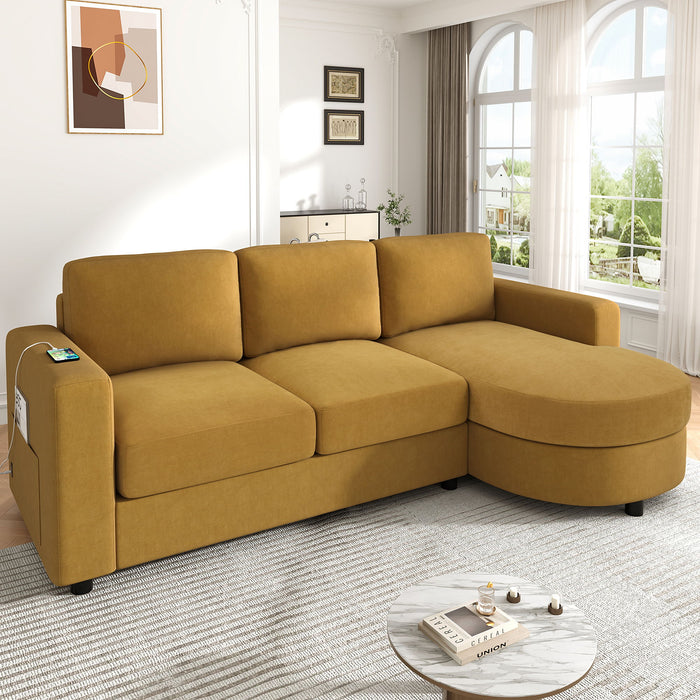 Modern L-Shaped Sectional Sofa With Curved Chaise, USB Ports, And Side Storage Pockets