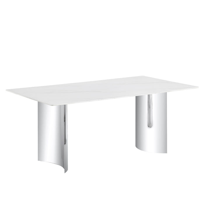 Modern Minimalist Dining Table With Imitation Marble Glass Surface And Metal Legs - White