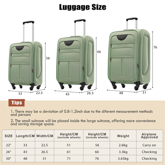 Softside Luggage Expandable 3 Piece Set Upright Spinner Lightweight Suitcase