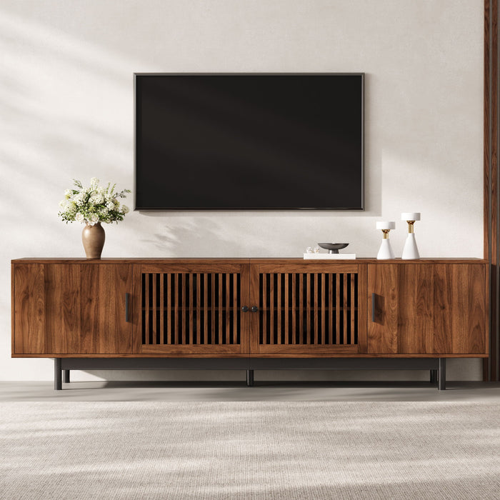 TV Stand, Media Console With Soft Closing Hinges, Adjustable Shelves, Slatted Doors - Walnut
