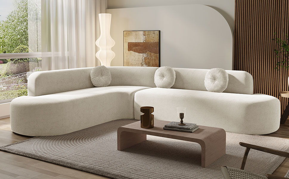 Extra Large Sectional Sofa Soft Fabric Upholstery, Elegant Curved Design With 3 Round Cushions, High - Resilience Foam For Ultimate Comfort - Beige