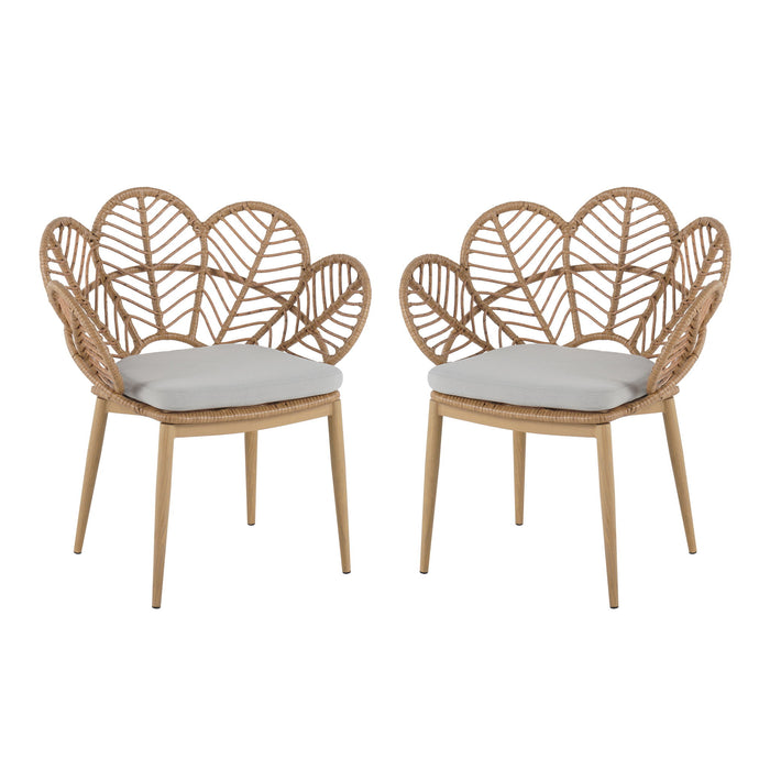 Kirk - Outdoor Wicker Peacock Shape Papasan Style Chair, Teak Finished Leg (Set of 2) - Beige / Light Brown / Light Teak