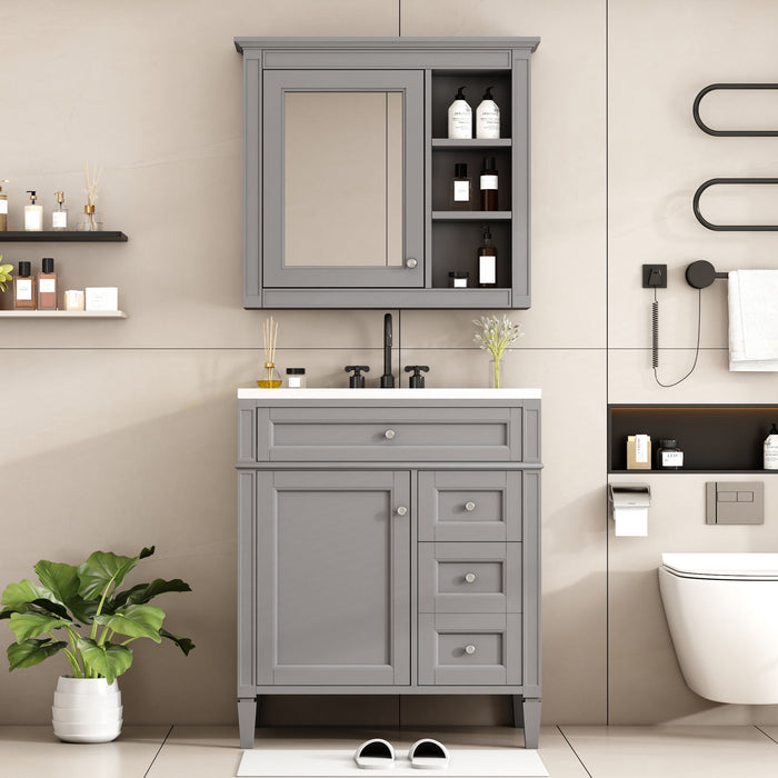 Bathroom Vanity With Top Sink, 2 Doors And 3 Drawers, Freestanding Set With Mirror Cabinet