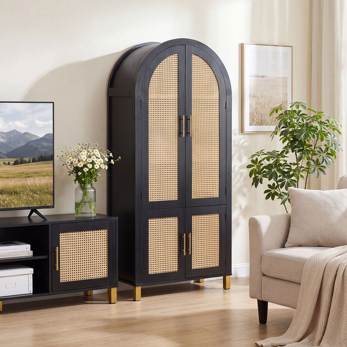 Tall Arched Cabinet With Rattan Doors & Adjustable Shelves