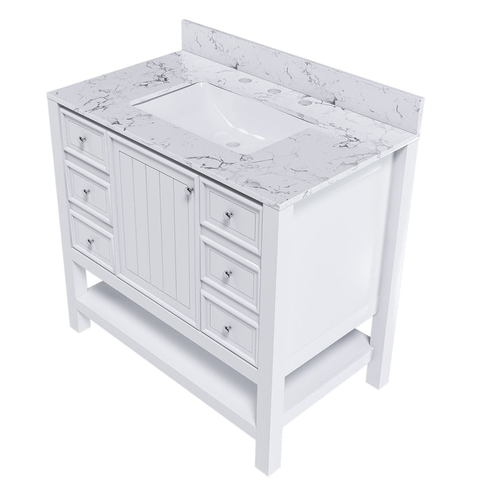 37" Bathroom Vanity With Artificial Marble Carrara Top, Multi Functional Cabinet With Doors And Drawer - White
