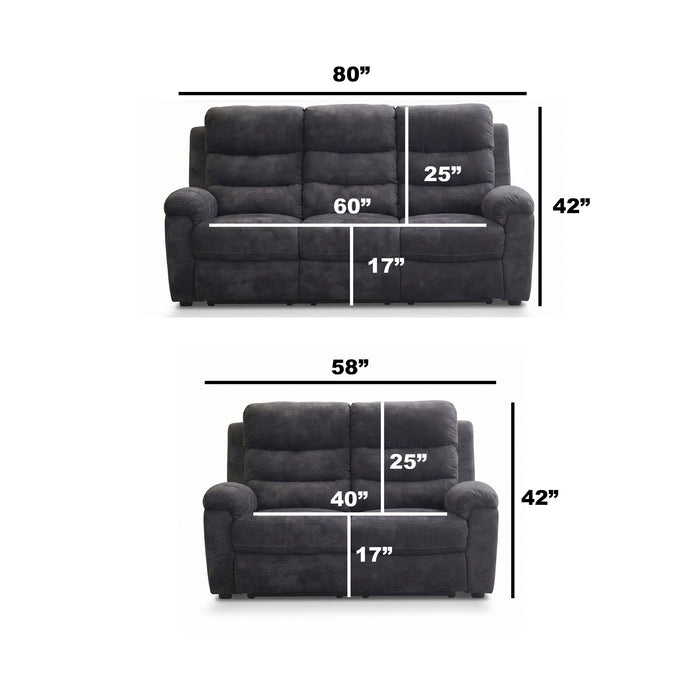 2 Piece Reclining Sofa Set, 3 Seat Sofa & 2 Seat Loveseat, 150° Recline - Dark Gray