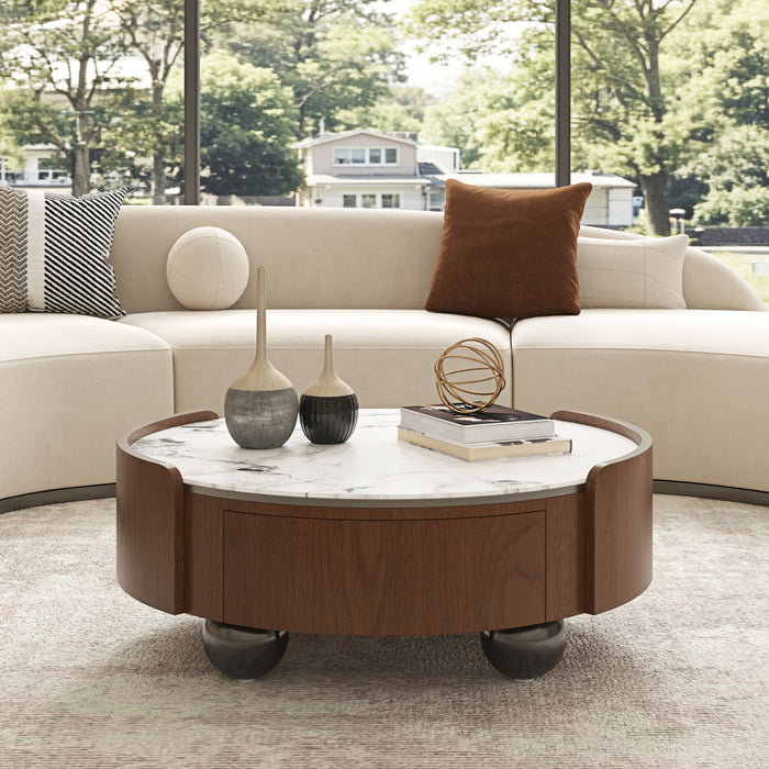 Round Coffee Table With Ball Feet, Dual Storage Drawers For Living Room - Walnut Brown
