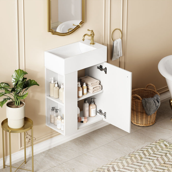Floating Bathroom Vanity With Resin Basin, Left Side Storage - White